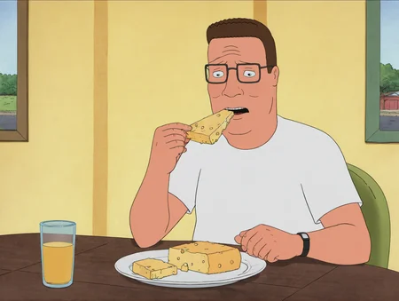 (masterpiece, best quality, high quality:1.3),highres,2d,flat shading,
hank hill,eating cheese,
dining room,table,sitting,
<lora:Hank_Hill:0.8>