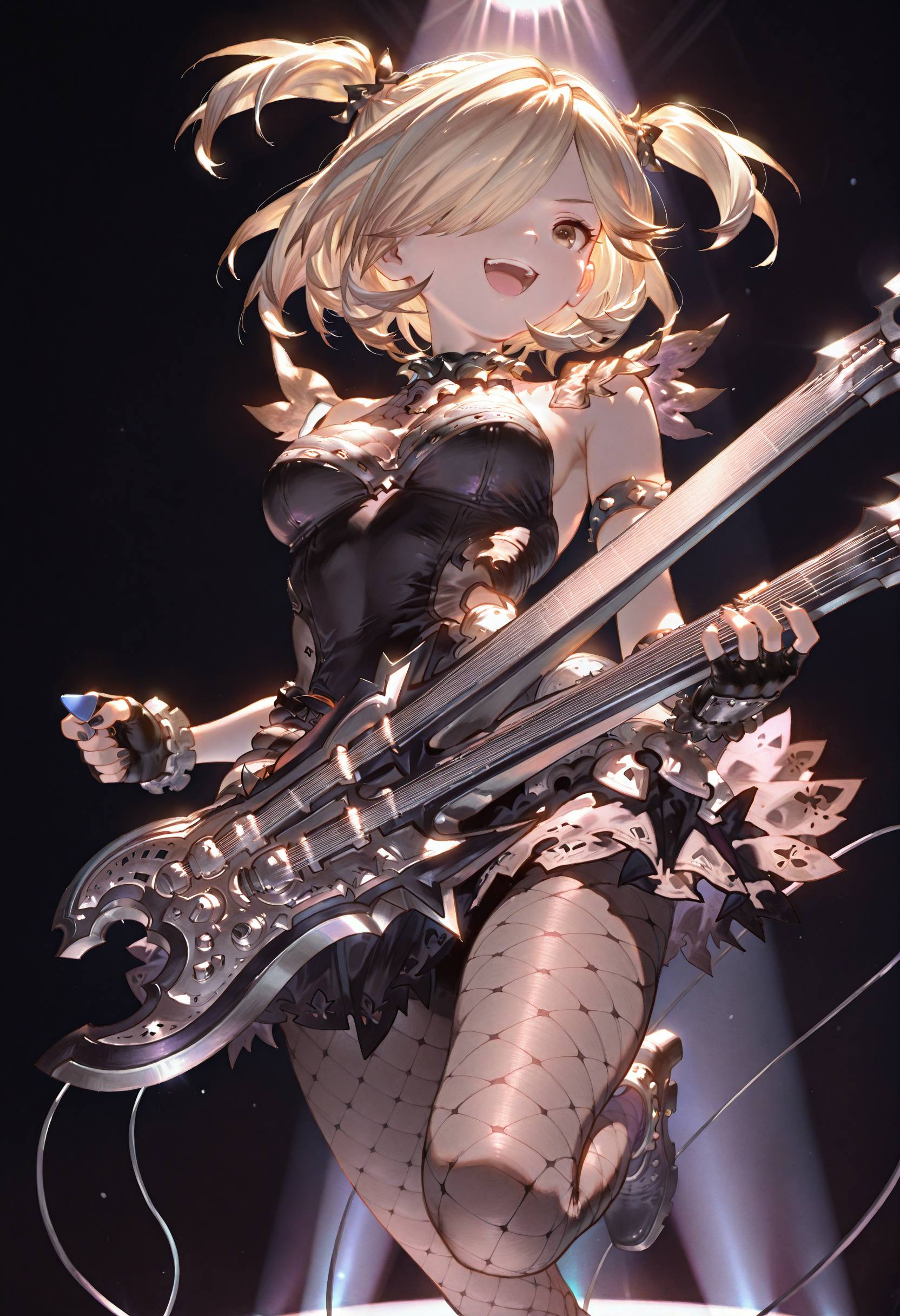 masterpiece, best quality, amazing quality, very aesthetic, high resolution, absurdres, anime,
photo background, photography \(artwork\), photo \(medium\), detailed, detailed background, detailed clothing, detailed hair, detailed eyes, wrinkles, skin folds, intricate, volumetric lighting, dramatic lighting, backlighting, very awa, very aesthetic, dynamic,
dark background, on stage, spotlight, 
1girl, solo, happy, smile, open mouth, jumping, 
djeeta \(granblue fantasy\), djeeta \(rising force\), 
blonde hair, twintails, hair over one eye, 
guiter, (electric guiter, plectrum:1.2), 
black dress, black skirt, black fishnet pantyhose, 
fingerless gloves, black nail, 
<lora:TrendCraft_The_Peoples_Style_Detailer-v2.3I-4_16_2025-Illustrious:0.5> 
<lora:Djeeta_Rising_Force_Granblue_Fantasy:1>