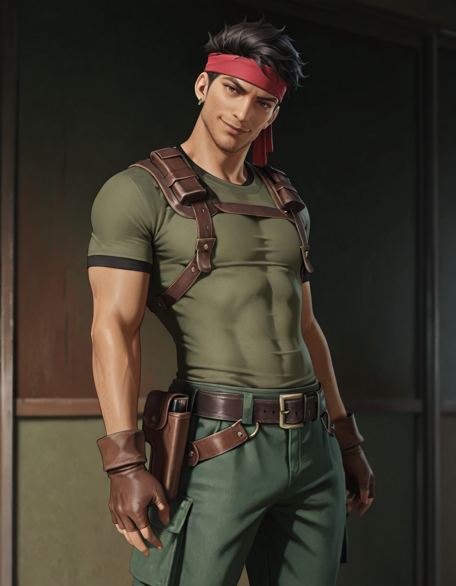 masterpiece, best quality, newest, perfect quality, best quality, detailed background, intricate details, male focus, realistic, solo, <lora:FF7 - Biggs - Illustrious-000007:0.7>, 7biggs, dark skin, 1boy, black hair, short hair, brown eyes, stubble, red headband, single earring, green shirt, harness, holster, belt, brown gloves, fingerless gloves, green capri pants, boot, head tilt, looking at viewer, smirk