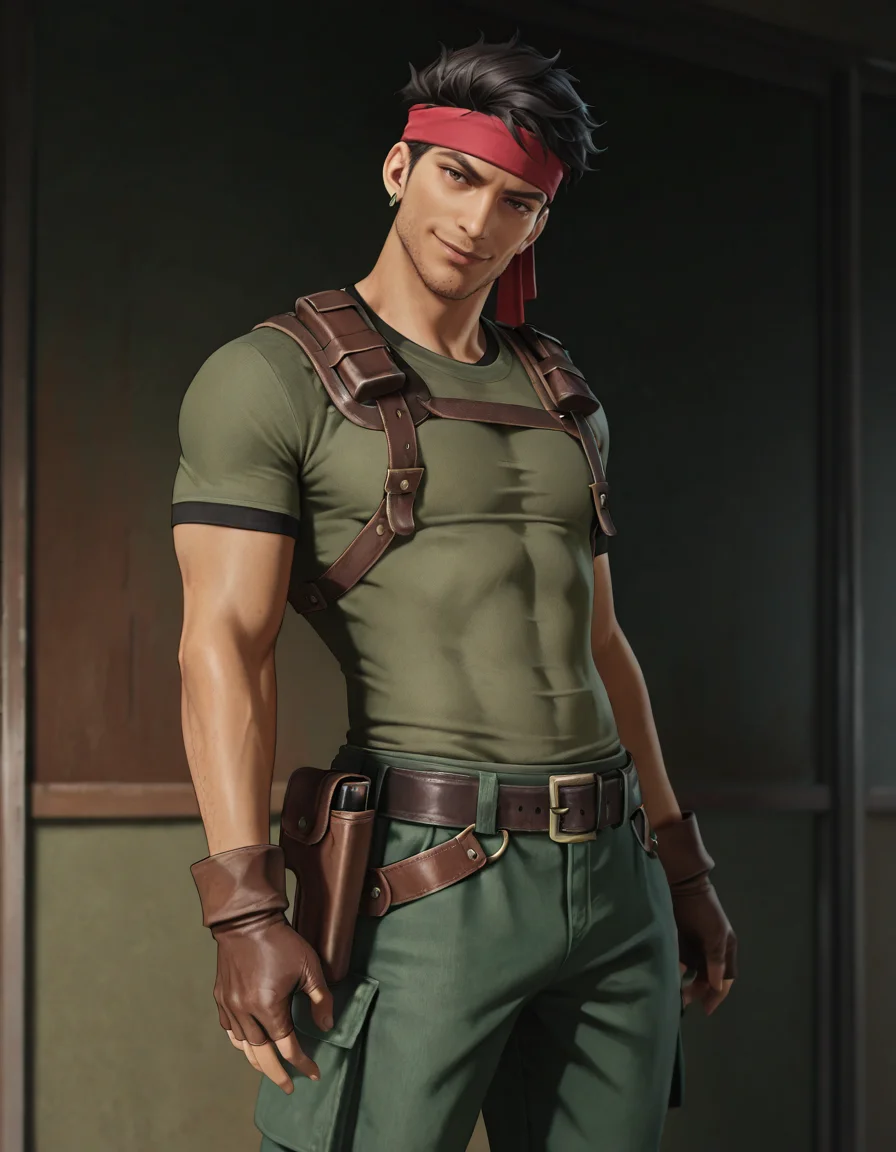 masterpiece, best quality, newest, perfect quality, best quality, detailed background, intricate details, male focus, realistic, solo, <lora:FF7 - Biggs - Illustrious-000007:0.7>, 7biggs, dark skin, 1boy, black hair, short hair, brown eyes, stubble, red headband, single earring, green shirt, harness, holster, belt, brown gloves, fingerless gloves, green capri pants, boot, head tilt, looking at viewer, smirk