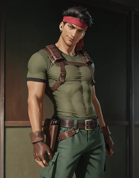 masterpiece, best quality, newest, perfect quality, best quality, detailed background, intricate details, male focus, realistic, solo, <lora:FF7 - Biggs - Illustrious-000007:0.7>, 7biggs, dark skin, 1boy, black hair, short hair, brown eyes, stubble, red headband, single earring, green shirt, harness, holster, belt, brown gloves, fingerless gloves, green capri pants, boot, head tilt, looking at viewer, smirk