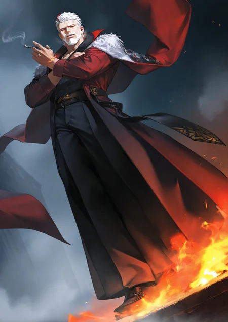 realistic shading,expressive face,looking at viewer,1boy,beard,white hair,facial hair,beard,mature male,mustache,short hair,red eyes,<lora:MORIIIL:0.7>,old,aged up,manly,dynamic angle,masterpiece,best quality,dynamic angle,intricately detailed illustration,masterpiece,best quality,amazing quality,very aesthetic,absurdres,newest,fog,full body,leaning back,breathing,fire,magic,closed eyes,open mouth,, score _9,score_8_up, score_7_up,source_anime,rating_explicit,