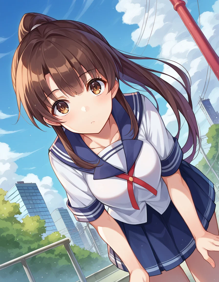 score_9, score_8_up, score_7_up, source_anime,
megumikatou, <lora:megumi-katou-ponyxl-lora-nochekaiser:1>
megumi katou, brown hair, brown eyes,
long hair, ponytail, miniskirt, school uniform, skirt, sailor uniform, serafuku,
outdoors, cityscape, bent over,
looking at viewer, dutch angle, cowboy shot,