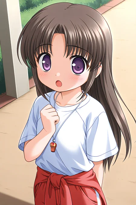 masterpiece, best quality, absurdres, official art, official style, general BREAK <lora:nonoharayui_IL_v1-3:0.7>, nonohara yui, 1girl, solo, purple eyes, brown hair, black hair, parted bangs, long hair, straight hair, flat chest, aged down, gym uniform, white shirt, t-shirt, gym shirt, short sleeves, whistle, whistle around neck, sash, clothes around waist, red pants, open mouth, looking at viewer, blush, arm behind back, :o, collarbone, :d, cowboy shot, clenched hand, standing, hand up, wide-eyed, hand on own chest, arm at side, outdoors, school ground, track