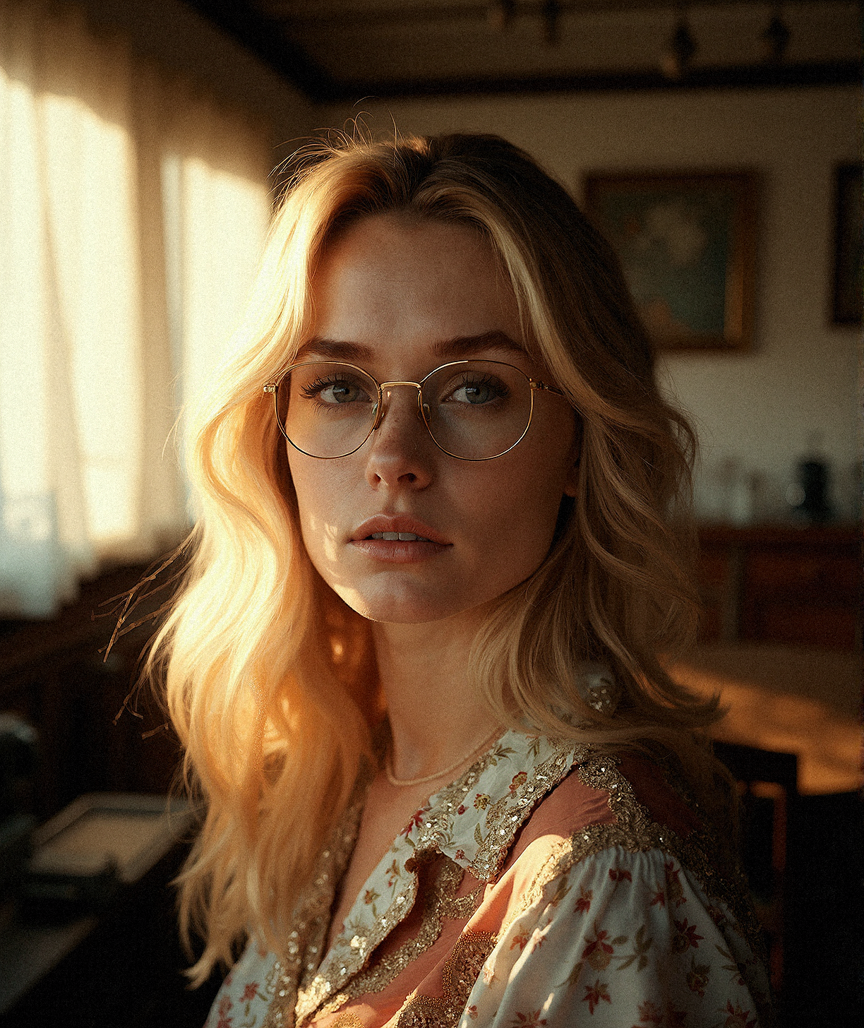 a photorealistic vintage close-up portrait of a woman with voluminous, golden-blonde hair, wearing large, round glasses. She stands in a 1960s-inspired room, filled with wooden furniture and sepia-toned decor. The sunlight streams through lace curtains, casting delicate patterns on her face, adding to the nostalgic ambiance. Her hair is styled to frame her face naturally, with a few loose strands accentuating her effortless beauty. She wears a classic outfit with subtle patterns, blending seamlessly into the warm, muted colors of the room. The photograph has a film grain texture, enhancing the vintage feel, with rich contrasts and soft focus on the edges. Her expression is thoughtful and serene, as she gazes slightly off-camera, adding a sense of depth and introspection to the scene. The overall atmosphere is cozy, evoking memories of a bygone era, with attention to lighting and texture that enhances the authenticity of the vintage aesthetic.Half-lit face with shadows falling on one side, creating a dramatic and mysterious effect.









