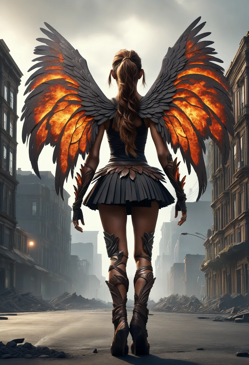 awesome quality, dynamic,DonMDr4g0nXL woman from behind,wings attached to back,skirt, (draconid:0.25) brown volcanic troll,  urban landscape mixed-use building  <lora:myLora\DonMDr4g0nXL-v2rb:1>,