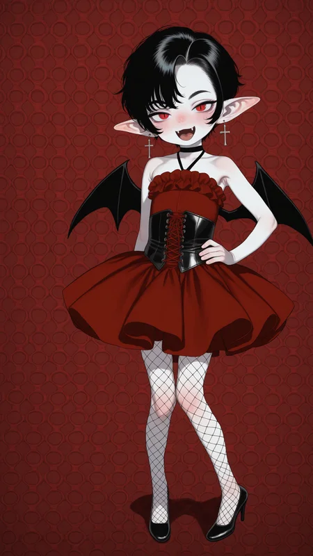 absurdres, best quality, amazing quality, yume kawaii, haguhagu \(rinjuu circus\), ((wonbin lee)), mossacannibalis, full body, (solo), 1girl, pale skin, long elf ears, short hair, pixie cut, voluminous hair, black hair, dark hair, asymmetrical bangs, (drill sidelocks), scarlet eyes, slit pupils, (half closed eyes), (nose blush), smug, tsurime, relaxed expression, fangs, looking at viewer, cross earrings, flat chest, skinny, red dress, corset, black choker, short dress, knees together feet apart, hand on own hip, victorian, low wings, bat wings, fishnet pantyhose, high heels, halterneck, frills, bare shoulders, three quarter view, goth, (vignetting), patterned background, red background, , <lora:e9f3f5cc-3ec3-4b47-b8a9-c1cf70ef5f34:1.2>