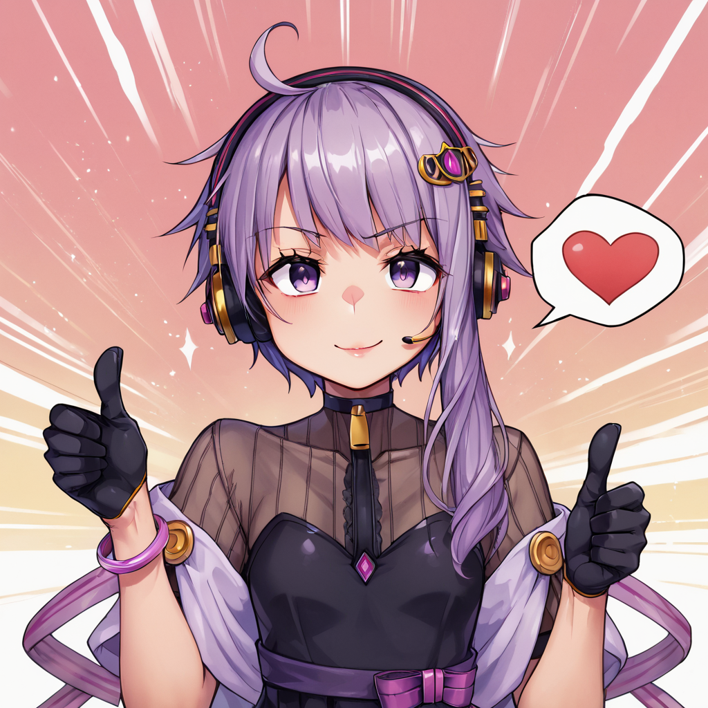 score_9, score_8_up, score_7_up, best quality, masterpiece, 4k, uncensored, prefect lighting, rating_explicit, very aesthetic, source_anime, BREAK,
1girl, solo,
<lora:YuzukiYukari_Rei_Pony_V1:0.9>yuzuki yukari, purple eyes, lips,  purple hair, short hair with long locks,  sidelocks, headset, microphone, headphones, 
dress, shawl, black dress, short sleeves, puffy short sleeves,  black bow, hagoromo, half gloves, rabit food,
bangle, gloves, black gloves,bracelet, jewelry,
<lora:YuzukiYukari_MMD_V1:0.9> yuzuki yukari, purple eyes, small breasts, short hair with long locks, purple hair, hair ornament, 
black criss-cross halter, purple dress, purple thighhighs, black jacket, hooded jacket, long sleeves, 
(2girls),2 girls side by side,(dual persona:1.3), upper body,
red background, simple bacground,,yellow background, smile, looking at viewer, ((Thumbs up:1.5)),upper body,Heart speech bubble