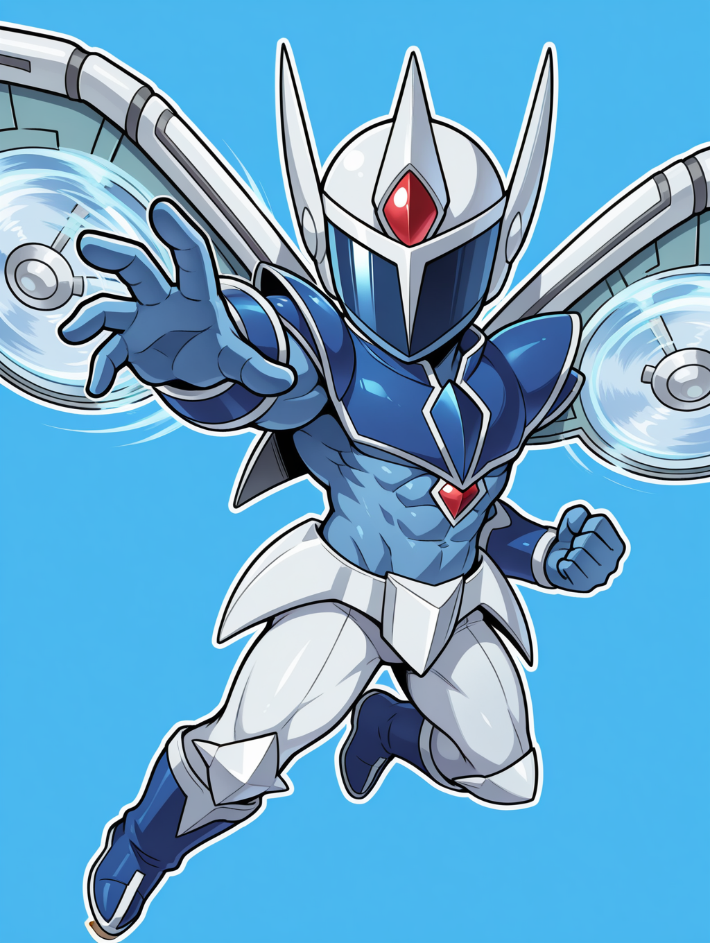 chibi, 1boy, elemental hero stratos, solo, male focus, clenched hand, abs, aerokinesis, looking at viewer, full body, no humans, tokusatsu, blue background, fighting stance, incoming attack, muscular male, covered face, white helmet, blue full bodysuit, blue shoulder armor, white mechanical wings, blue vambraces, white pants, blue boots, white armored skirt, outstretched hand, flying,
masterpiece,best quality,amazing quality,very aesthetic,absurdres,newest,<lora:Elemental HERO Stratos illuXL v1:0.73>,