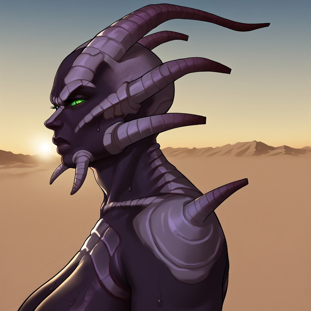 score_9, score_8_up, score_7_up, source_cartoon, rating_explicit, cotrapposto, 
solo pinup, great lighting, 
bald, desert, 
Dynamic pose+++, dynamic view, 
shek, horns, big horns, colored skin, dark skin, purple skin, exoskeleton, bones, green eyes, beautiful face, perfect face, sweat, sweaty,
portrait, face focus, face closeup, thick, chubby, curvy, Very curvy, voluptuous, mature woman, huge boobs, massive boobs, big boobs, big areola, 
Angry, annoyed, side view