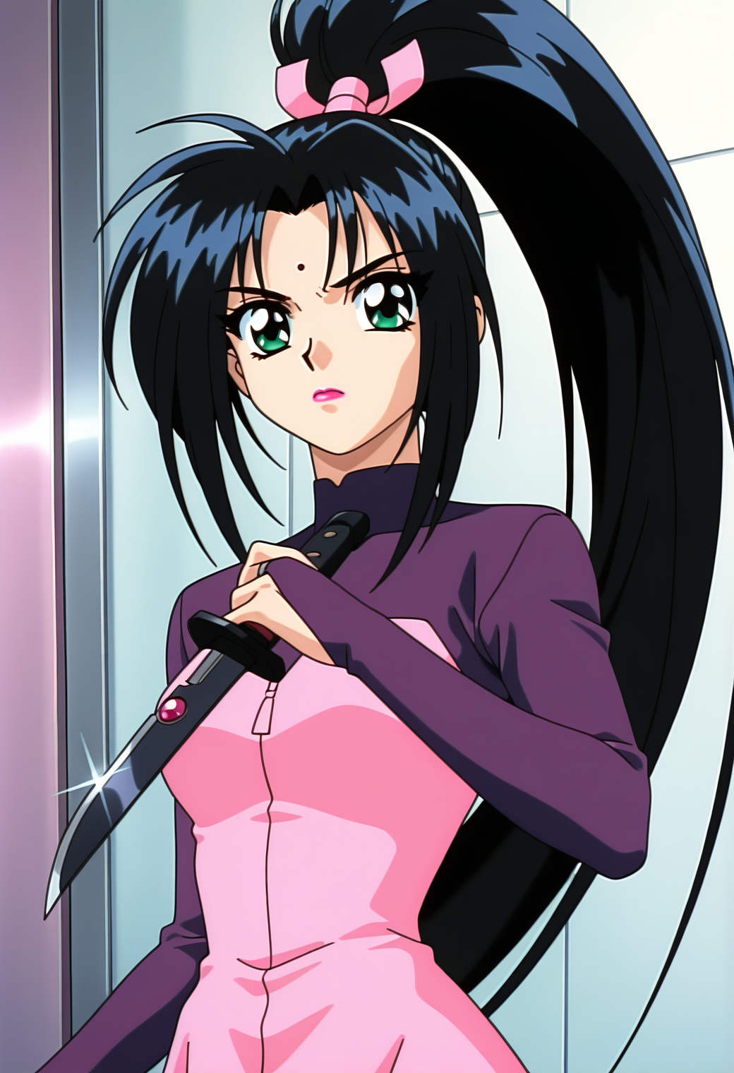 masterpiece, best quality, amazing quality, 1girl, solo, 1990s \(style\), retro_artsryle, anime coloring,
<lora:noburu_lot8ds_v01:0.8>, noburu_lot8ds, black hair, very long hair, high ponytail, parted bangs, bindi, green eyes, lipstick,
pink hair ribbon, purple bodysuit, pink dress, pink zipper, bridal gauntlets, posing, serious, upper body, black knife
