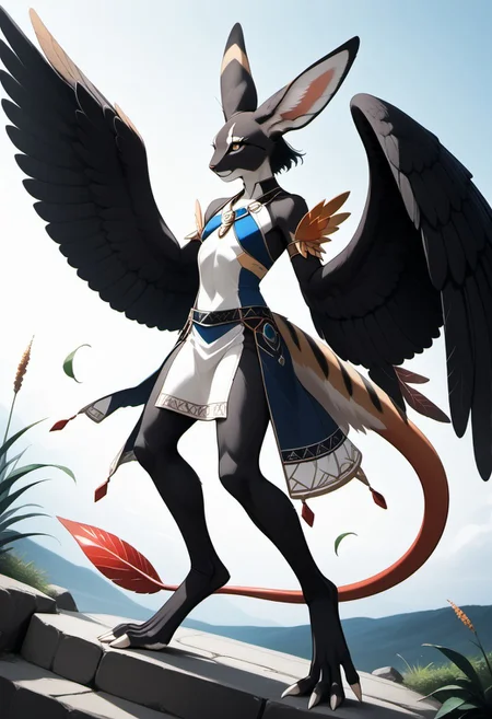 1person, Palagiri, anthro, feline features, feline nose, large ears, ((winged arms)), large wings, handfeet, prehensile toes, digitigrade legs, long tail, tapering tail, feather-tipped tail,
Dutch angle,
Source: anime, score: 9, score: 8up,