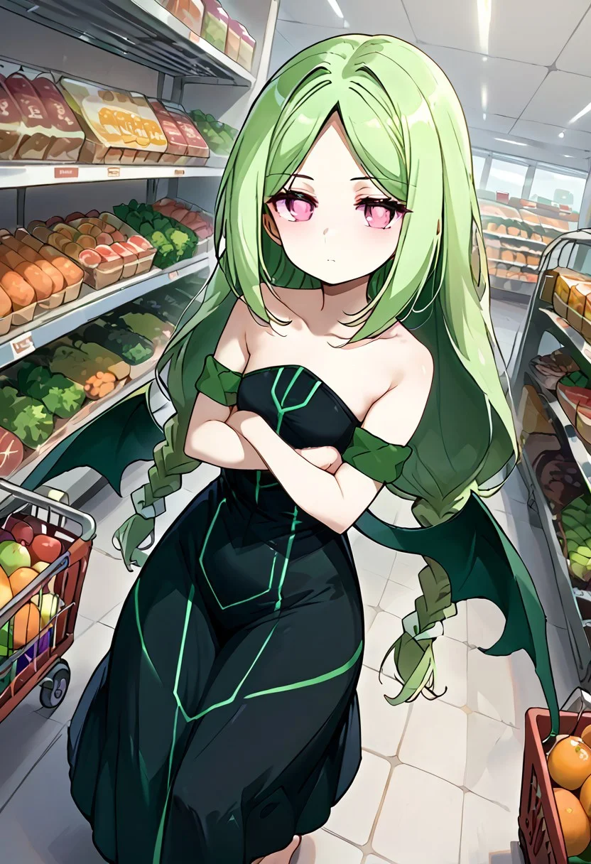 score_9, score_8_up, score_7_up, source_anime, momose kajitsu, 1gril, solo, green hair, long hair, parted bangs, twin braids, pink eyes, small breasts, bare shoulders,green striped black dress,strapless, strapless dress, long dress, green armband, wings, barefoot,, grocery store, shopping cart, picking fruits, everyday life, looking at viewer, crossed arms, expressionless, from below,, cowboy shot, dutch angle,