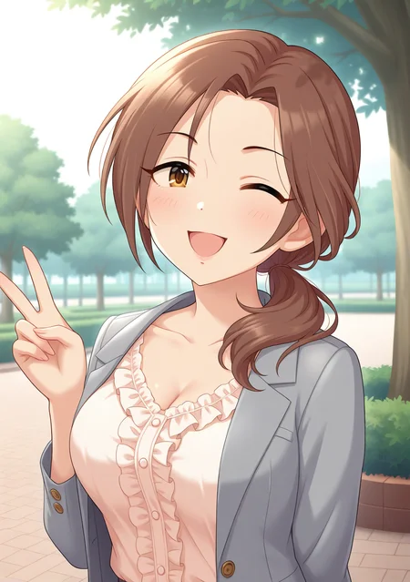 masterpiece, best quality, absurdres, perfect lighting,shiny skin,1girl,large breasts,kawashima mizuki,brown hair, brown eyes, long hair,<lora:kawashima_mizuki_illu2:1>,parted bangs,low ponytail,hair over shoulder,brown eyes,pink frilled shirt,gray jacket,park,tree,peace_sign,wink,smile,open mouth,idolmaster cinderella girls, official art,