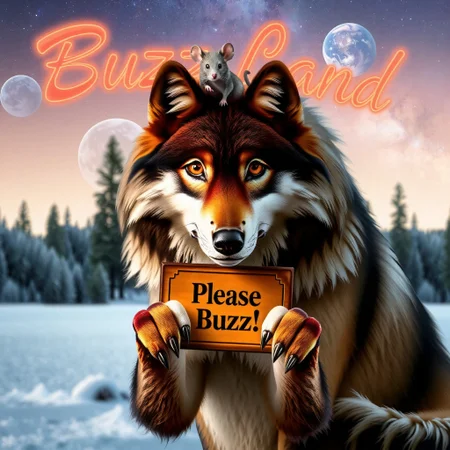 SFW; masterpiece, intricate photo. realistic real wolf in a snowy landscape surrounding holding a small wooden plate with his realistic wolf paws where is written on "Please Buzz!"; Mouse is sitting between the ears and holding a sign with "Help!"; in the background are a forest, in the skies are stars, planets, galaxies, nebulae; in the sky is in neon letter written "Buzz Land". highly detailed, sharp focus, photo realistic, hyper realistic, best quality, high resolution, HDR, colorful, cozy outdoor lighting, 8K