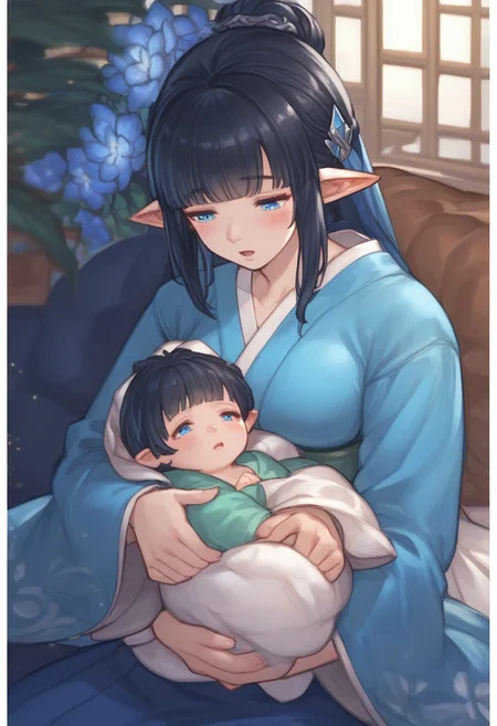 1girl, score_9,score_8_up,score_7_up, blanket over body, 
elf ,pointy ears, blue eyes and long black hair, couplelunia, short skirt blue kimono, long black hair mother, wide long sleeves blue kimono, white sock, green obi, himecut, hime cut, blush, black hair wife, blue eyes, close up shot, upper body, blue flower hairpin, white sock, opened mouth,
 looking down at baby, sitting down, (baby sleeping), baby carry, holding baby,