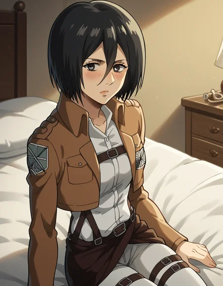 score_9, score_8_up, score_7_up, source_anime, <lora:mikasa-ackerman-s1-ponyxl-lora-nochekaiser:1>, mikasa ackerman, black hair, black eyes, short hair, hair between eyes, mature female, medium breasts,, <lora:paradis-military-uniform-ponyxl-lora-nochekaiser:1>, paradis military uniform, belt, cloack, cropped jacket, emblem, green cloak, jacket, long sleeves, pants, shirt, thigh strap, uniform, white pants, white shirt, brown jacket,, indoors, bed, bed room, on side, blush, drunk, looking at viewer, solo,, cowboy shot, dutch angle