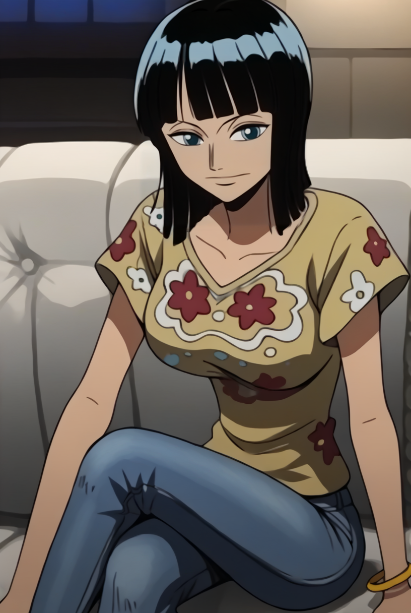 score_9, score_8_up, source_anime,  BREAK solo, 1girl, looking at viewer,cowboy shot, 
<lora:NicoRobinAIOPdxlDwnsty:1>, goatislandnr, blue eyes, black hair, medium hair, blunt bangs, dark-skinned female, olive shirt, floral print, denim jeans, short sleeves, bracelet, 
large breasts, smile, bored,
indoors, taver, sitting, dimly lit,