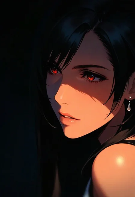 1girl, (tifa_lockhart), solo, dark, light, masterpiece, best quality, very aesthetic, close up, parted lips
