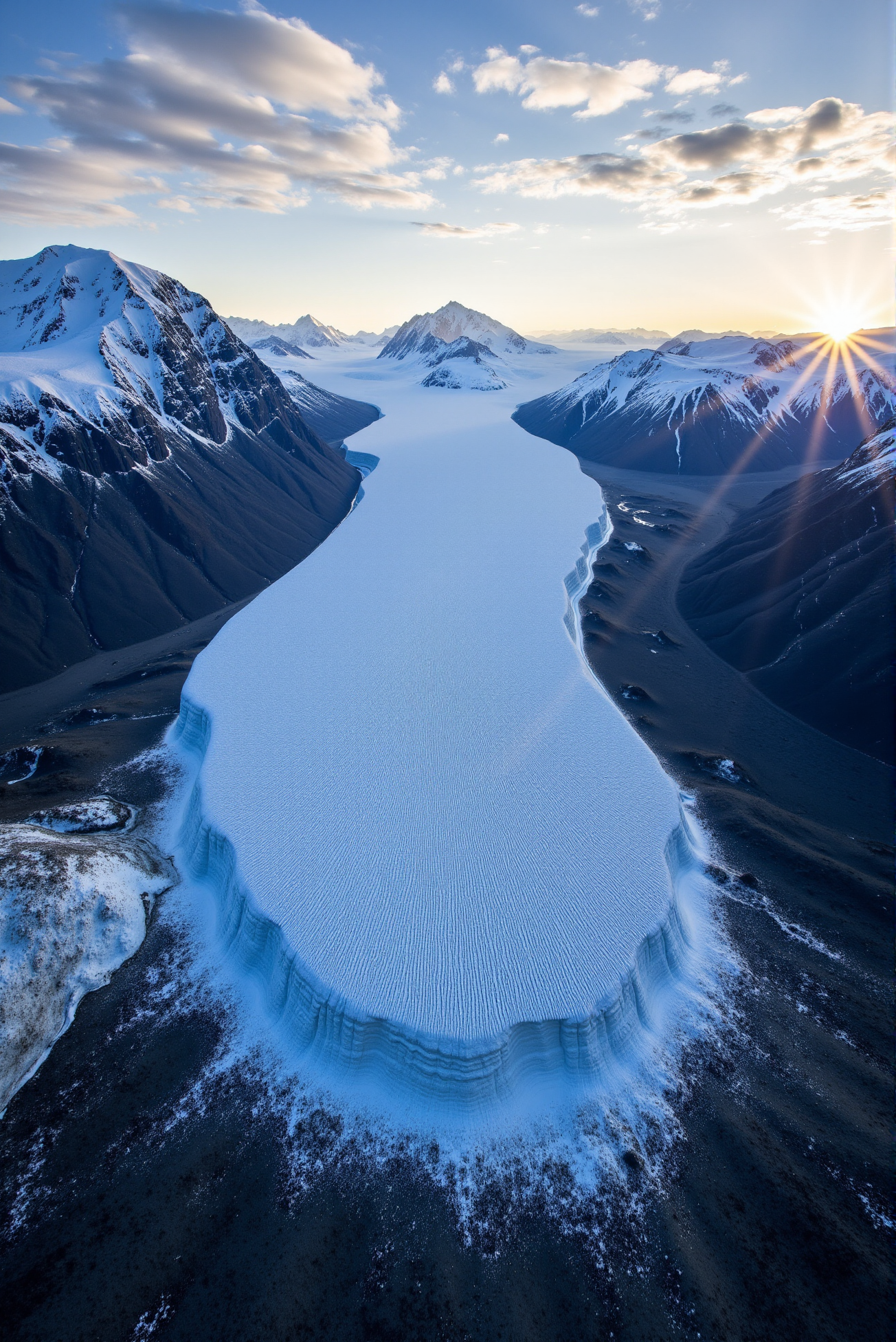 <lora:Ice_Desert_style:0.8> IceDesert style.
An immense glacier flows with sculpted precision through a valley framed by rugged, ice-dusted mountains, its frozen surface stretching like a luminous white tongue pressed into the land. Deep striations ripple across the glacier's face, carved by centuries of relentless pressure and slow-motion movement, glowing faintly under the soft twilight sun cresting the horizon. Jagged ridges flank either side, their shadowed slopes forming a dark, volcanic contrast against the gleaming flow of ice. Captured from an elevated, slightly oblique aerial perspective with a wide-angle lens, the composition enhances the illusion of mass and movement. Sunlight filters through scattered clouds, casting subtle gradients of indigo, pale gold, and ice blue across the sky and terrain. The bottom foreground reveals patches of barren rock and thaw-shadowed soil, grounding the monumental coldness in tactile realism and emphasizing the powerful boundary where glacial permanence meets earth's ancient, exposed foundation.