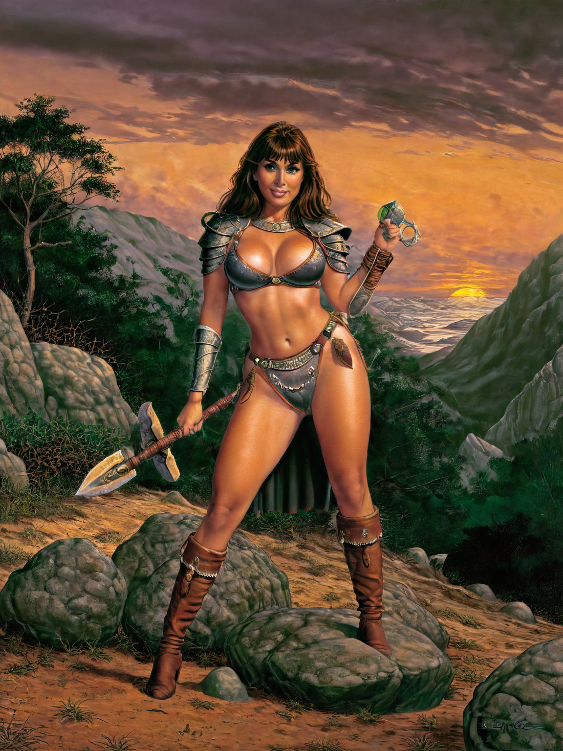 close-up.(((nude fantasy illustrations of by Elmore_Style_LX))) , ((((sunset, summer, cinematic scene DnD)))) ,standing pose, Witches and warriors, sexy, skimpy, slutty, great hair, smile, supermodel witch, tropical , cinematic, low lands, depth of field in painting, epic outdoor location, fantasy illustration, 1woman mage, skimpy armor, Huge breasts, bikini armor, sexy barbarian nude , with sword with a magic items, in the background epic winter sunset Fantasy masterpiece by Larry Elmore , <lora:Elmore_Style_LX-000010:0.8> Dungeons and Dragons, TSR