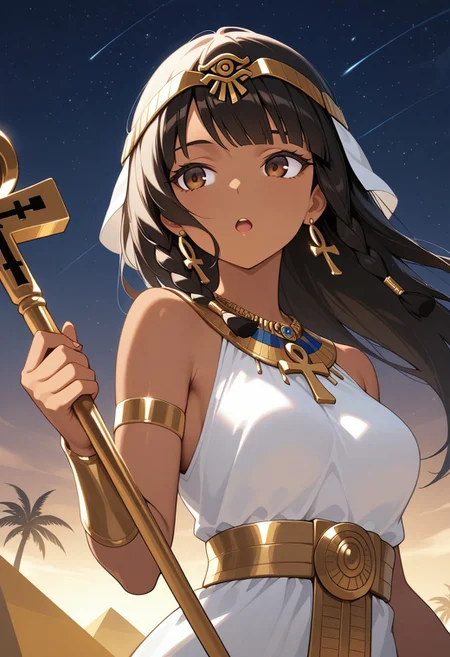 masterpiece, best quality, amazing quality, girl, black hair, brown eyes, portrait shot, long hair, straight hair, side swept bangs, medium breasts, perfect eyes, 8k, highest quality, ultra details,1girl, solo, perfect brown eyes ,long black hair, small braids,blunt bangs,  tan skin, brown skin,long white linen sheeth dress, kalasiris, ancient egyptian dress, gold horus headpiece, egyptian necklace, gold waist chain, gold earrings, open mouth, greedy eyes, (ankh:1.2), holding a magical gold and emerald scepter, windy day, hair blowing in the wind, dress blowing in the wind, night time, egypt pyramid background, starry sky, palm trees
