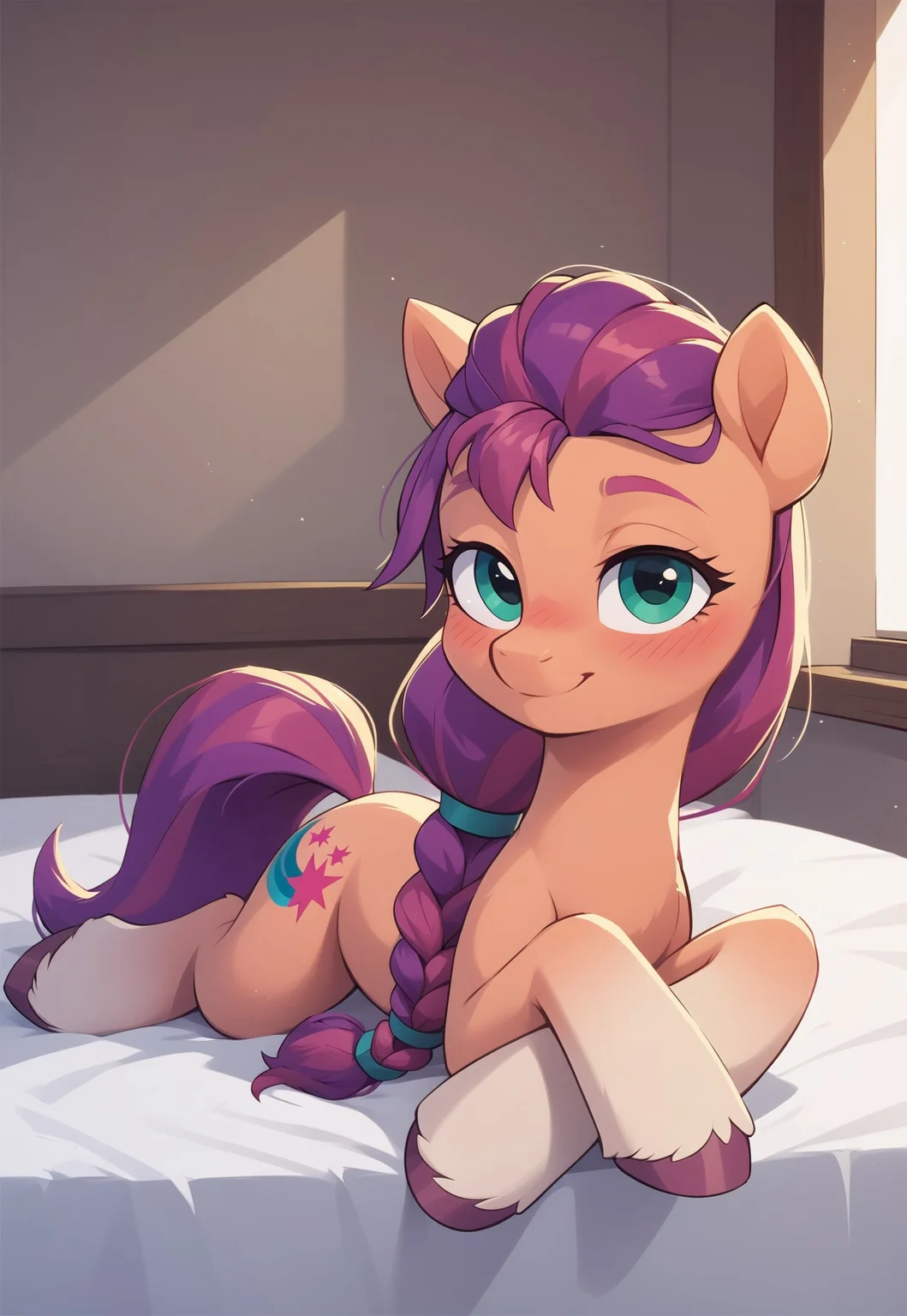 safe_pos, score_9,score_8_up,score_7_up,score_6_up, source_pony,1girl:1.4, pony, my little pony, full body:1.4, sunny starscout, pony, blushing, bedroom eyes, on bed, lying on stomach, from the front, front legs crossed, full body, demure:1.4, incredible detail, indoors, night