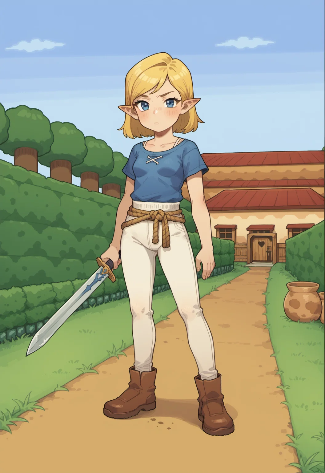 score_9, score_8_up, score_7_up, score_6_up, source anime
BREAK
1girl, blonde hair, medium hair, swept bangs, small breast, blue eyes, blue tunic, (blue pointy hat:1.2), pointy ears, standing, spread legs, holding sword, serious, looking at viewer,
BREAK
brown boots, white yoga pants, holding shield, rope belt
BREAK
cowboy shot, LttPKV, outdoors, grass, dirt road, rocky terrain, brown hills, tree, bush, grass wall, yellow house, red roof, fence, wooden fence, pot, spring, day, daylight, blue sky, cloud, scenery, no humans <lora:ToZ-LttP_Kakariko_Village_Style_Background:0.7> <lora:PossumMachine_v2:1> possmach