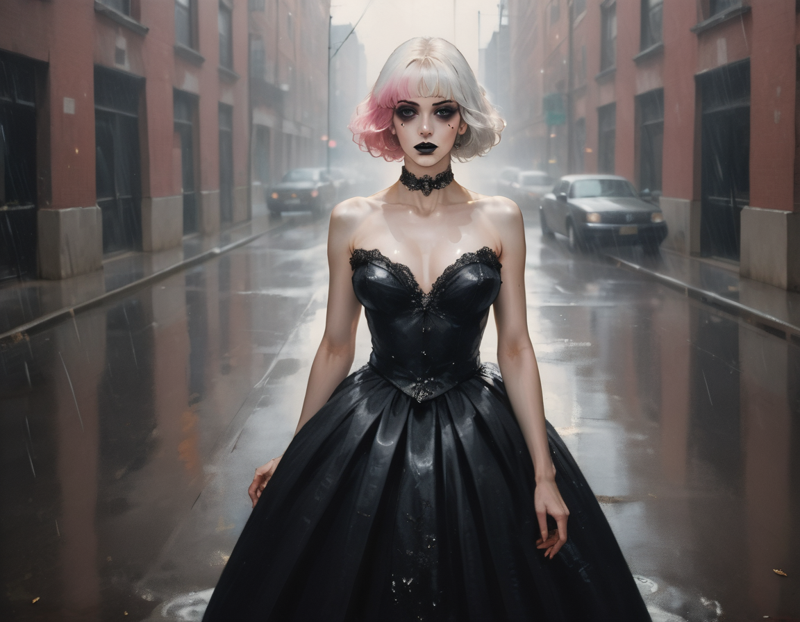 (score_9,score_8_up,score_7_up:1), 1girl, full body, high angle view from behind, horror, daylight, warm tones, lip bitingly horny, (goth, (black lipstick, black mascara, black eyeshadow)), (toned), white hair pink highlights, hightail hairstyle, choker, eyeshadow)), (bloodless white oiled skin), gigantic breasts, (Sprinting), rain Server room, (tulle dress, ballgown, gown, Veil, fluffy dress), <lora:zy_AmateurStyle_v2:1> photo, grainy, amateur, 2000s nostalgia, webcam photo
