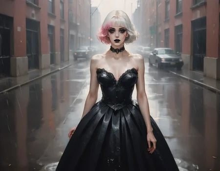 (score_9,score_8_up,score_7_up:1), 1girl, full body, high angle view from behind, horror, daylight, warm tones, lip bitingly horny, (goth, (black lipstick, black mascara, black eyeshadow)), (toned), white hair pink highlights, hightail hairstyle, choker, eyeshadow)), (bloodless white oiled skin), gigantic breasts, (Sprinting), rain Server room, (tulle dress, ballgown, gown, Veil, fluffy dress), <lora:zy_AmateurStyle_v2:1> photo, grainy, amateur, 2000s nostalgia, webcam photo
