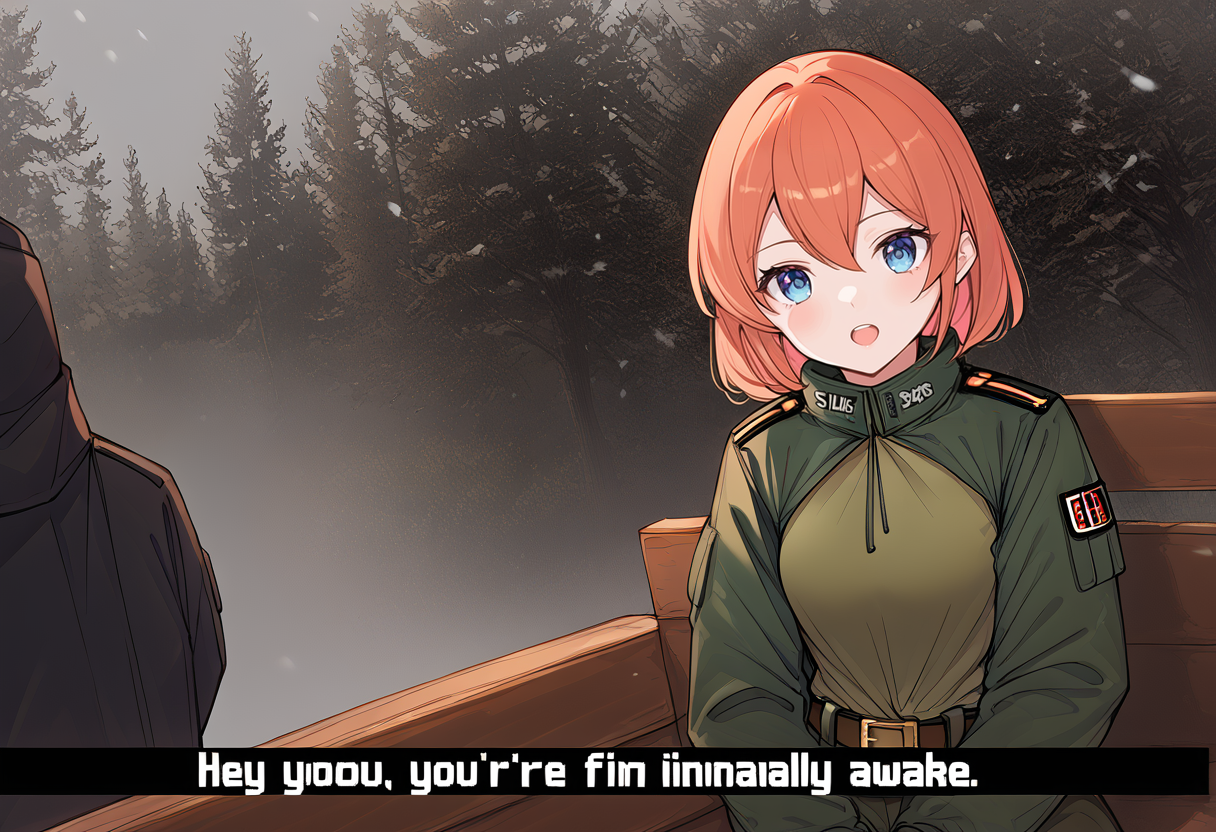 (score_9:0.9),score_8_up,score_7_up,anime style,rating_safe,
BREAK <lora:hey you, you're finally awake ponyXL v3.5:0.8>,hey you - you're finally awake,military,jacket,2girls,military uniform,snowing,multiple girls,tree,outdoors,snow,gloves,belt,parody,