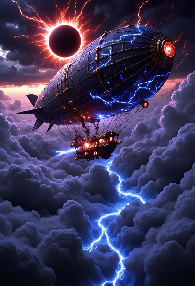 Side view of a digital artwork depicting a colossal fantasy zeppelin soaring high above the clouds during a dramatic solar eclipse. The zeppelin is an enormous, intricately designed airship, with a sleek, streamlined hull made of dark, polished metal and wood, adorned with ornate golden carvings and mystical runes that glow faintly. Its large, curved gas bags are lined with shimmering black fabric, reflecting the fiery corona of the solar eclipse above. Massive sails of dark, enchanted cloth ripple in the wind, crackling with electric blue and red energy, glowing with an otherworldly aura. The solar eclipse casts a surreal shadow across the sky, creating a halo of light around the darkened sun, while swirling cosmic clouds in hues of purple, blue, and black churn below. The turbulent skies are punctuated by bright lightning strikes that illuminate the scene, casting dramatic light across the zeppelin as it moves gracefully above the swirling, chaotic storm below. The airship, with its ethereal presence, seems to glide effortlessly through the powerful winds, exuding a sense of ancient power and mystery.