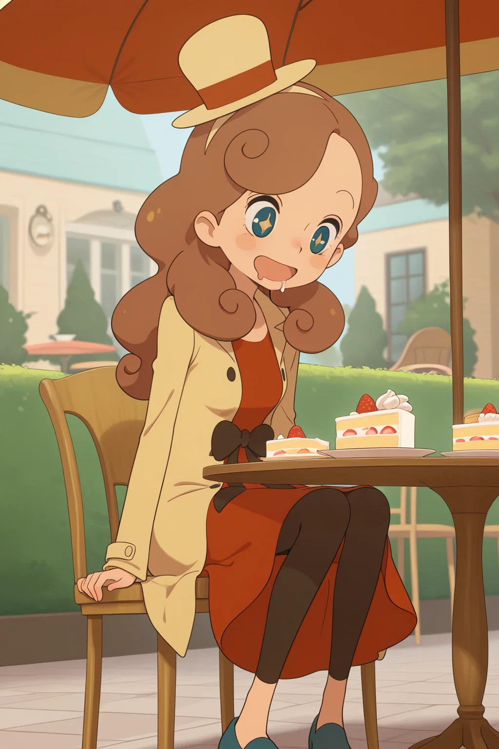 masterpiece, best quality, amazing quality, katriellelayton, 1girl, solo, sitting, drooling, sparkling eyes, open mouth, smile, upper body, looking down, black ribbon, brown hair, blue eyes, small brown hat, brown coat, red dress, black leggings, blue shoes, outdoors, cafe, parasol, table, chair, cake slice