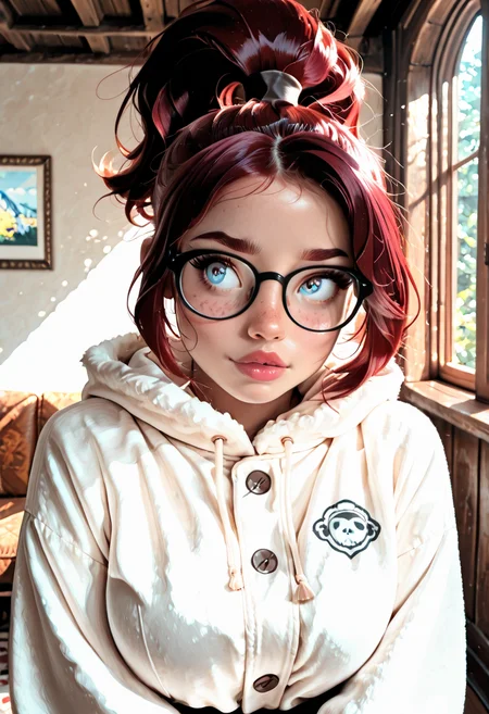 kisliptu style, abbe bi style, basety style, sassy style, pomagip, dalle style, midjourney style, thepit style, samdoesart style, owler style, cherrmous style, arosen style, anime style, suicidegirl, digital art, colorful, wild nature lazypos, upper body, cinematic lighting, dim lighting, photorealistic, beautiful detailed eyes, detailed skin, detailed hair, volumetric lighting, dappled light, dramatic shadows, photo background, depth of field, a dusty armory with shields,
BREAK
1girl, Jillybean Lane (jblane, dark cranberry red hair, freckles, round black glasses, blue eyes, big eyes, high ponytail hairstyle, curvy, shortstack) tsurime eyes, thick lips,
BREAK
cotton fishtail parka with sherpa lining
BREAK
<lora:Lewdcactus:0.75>
<lora:SDXL - CFG Scale Boost:0.85>
<lora:USNR_STYLE_ILL_V1_lokr3:0.5>
<lora:The_Collective_-_Jillybean_Lane_OC:1>