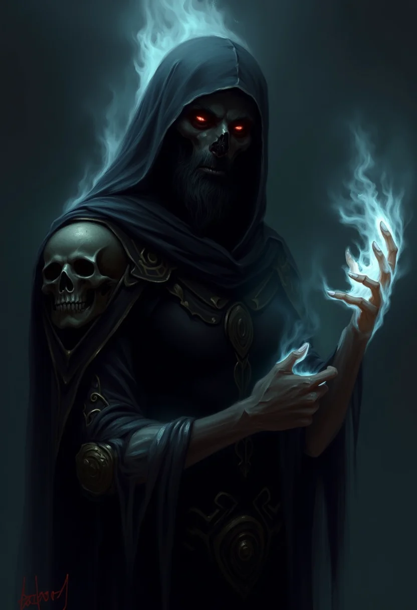An atmospheric and powerful dark fantasy, natural organic and impressionist classical-style painting of a dark and ominous figure is depicted in a digital painting. The figure is wearing a black hooded cloak and has a skull on the left arm. The person is holding a glowing sword in their right hand. The head of the person is covered in a black cloth that is hooded. The face of the figure is covered with black hair and has red eyes. The background is dark and there are streaks of white and blue light coming from the person's face.