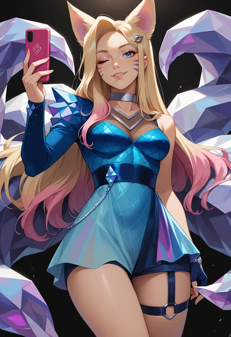 score_9, score_8_up, score_7_up, source_anime, <lora:Ahri_KDAAllOut_pdxl_Incrs_v1:1>, ahrikdaallout, animal ears, facial mark, blue eyes, breasts,
multiple tails,
multicolored hair, long hair, blonde hair, pink hair, hair ornament,
makeup,
Choker, necklace, Dress, see-through cleavage, asymmetrical sleeves, single fingerless glove, thigh strap,
wink, light smile, head tilt, v sign, holding phone,