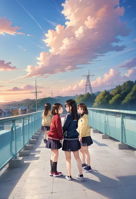 score_9, score_8_up, score_7_up, rating_safe, masterpiece, best quality, absurdres, unity 8k wallpaper, official art, official style, source_anime, uncensored, game cg, megami magazine,
okujyou, multiple girls, outdoors, school uniform, skirt, scenery, jacket, cloud, long hair, sky, 6+girls, shoes, sneakers, black hair, brown hair, short hair, multiple boys, black skirt, track jacket, pleated skirt
<lora:gakkou_okujyo_PONY_V1:1>