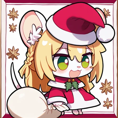 padoru <lora:padoru-IL-1.0:1>, masterpiece, perfect quality, best quality, anime coloring, 1girl, solo, padorumeme, padoru, christmas background, Chloe, 1girl, solo, long hair, blonde hair, animal ears, green eyes, furry female, mouse ears, mouse girl, mouse tail, body fur, white fur, bangs, animal nose, <lora:Chloe_v02_PDXL:1>, score_9, score_8_up, score_7_up, score_6_up, score_5_up, score_4_up,