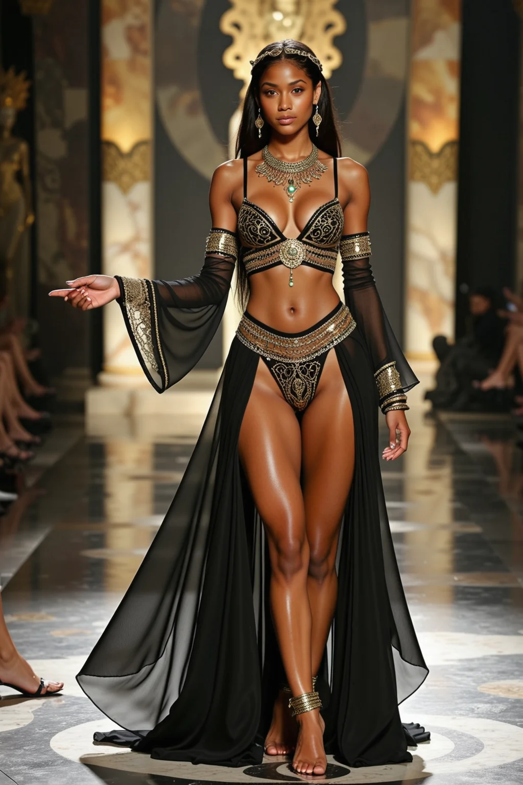 1girl, jewelry, earrings, cleavage, ring, navel, necklace, barefoot sandals, gold chain, full body, thigh gap, bracelet, indoors, parted lips, looking at viewer, toenails, blue eyes, dark-skinned female, anklet, standing, wide sleeves, toes, bare shoulders, wide hips, dark skin, breasts apart, underwear, gem, bra, fingernails, thighs, armor, swimsuit, bikini, nail polish, original, hair ornament, armlet, dancer, midriff, circlet, <lora:dmd2_sdxl_4step_lora_fp16:1.0>, <lora:subtle-fluxstyle-xl2:0.9>