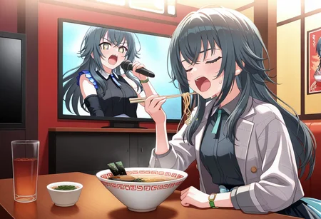 1girl, temaritsukimura2,
temaritsukimura2, temtsch1 coat, temtsch1 collared shirt, temtsch1 watch,
upper body, sweat, green eyes, (star-shaped pupils), holding chopsticks,
ramen, eating, elbow on table, restaurant, cup, drinking glass, ice, noodles,
(juxtaposition:2),
television, idol on TV in the background,
(closed eyes), (idol clothes:2), temido2 clothes, singing, holding microphone,
masterpiece,