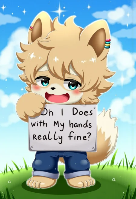 by sonichasautismmix sdgs, a furry boy crying and holding sign with text "does my hands really fine?", Detailed hand, Hand, Perfect hand, Foot, Feet, aidmaimageupgrader, standing on grass, sky, detailed background