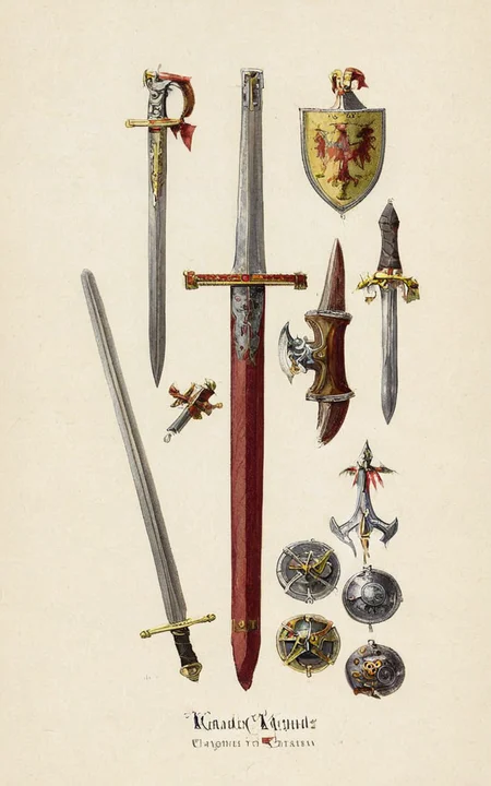 vintageillustration, a catalog of medieval weapons for knights to choose., 8k, very detailed, UHD, extreme details, medieval warfare