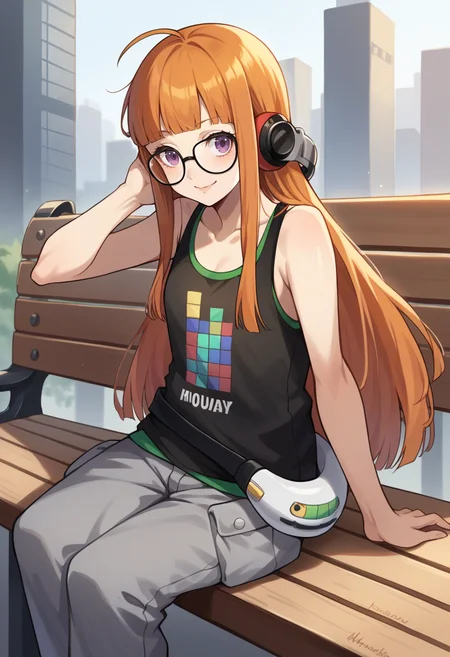 score_9, score_8_up, score_7_up, source_anime BREAK 1girl, solo, <lora:zs_FutabaXL:1> futabasummer, orange hair, long hair, blunt bangs, glasses, ahoge, purple eyes, behind-the-head headphones, black tank top, grey cargo pants, sitting, bench, city
cowboy shot, smile,
