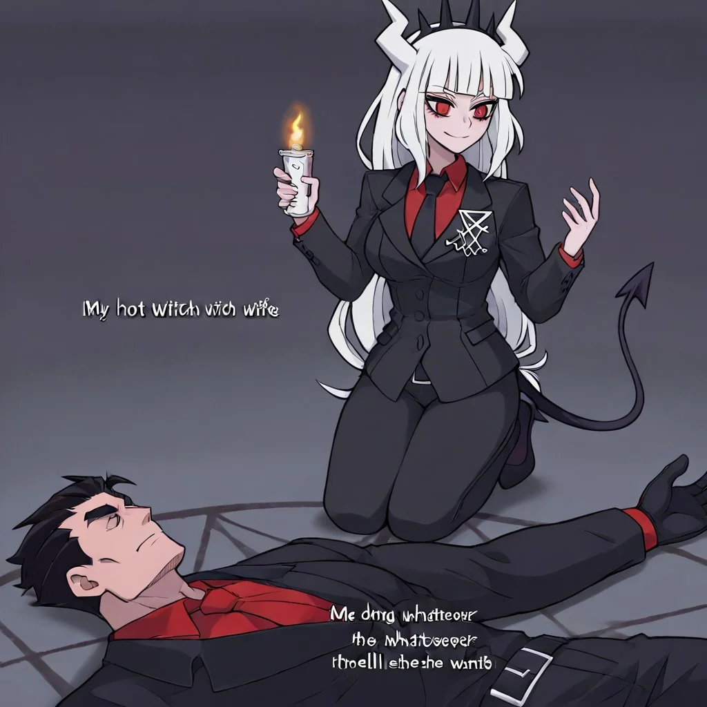masterpiece, best quality, newest, absurdres, highres, anime, anime style, MHWW-V1.0, my hot witch wife (meme), text (my hot witch wife), English text, 1girl, 1girl, lucifer \(helltaker\), black suit, red necktie, black collared shirt, black gloves, blunt bangs, demon horns, demon girl, demon tail, red eyes, white hair, long hair, text, text (Me doing whatever the hell she wants), 1boy, helltaker \(helltaker\), black hair, short hair, muscular, muscular male,