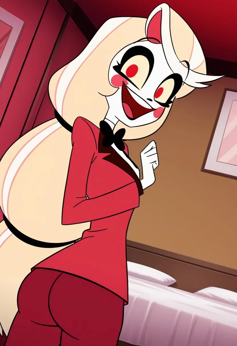 anime screencap, absurdres, high quality, official style, 1girl, charlie morningstar, blonde hair, very long hair, low-tied long hair, red eyes, yellow sclera, blush stickers, shirt, white shirt, long sleeves, red jacket, red pants, bowtie, black bowtie, looking at viewer, smile, happy, open mouth, cowboy shot, dutch angle, indoors, bedroom, bed, <lora:Charlie_Magne_Hazbin_Hotel_LoRA_Illustrious_Edition:1> ass, butt, big ass, juicy ass, ass focus,
