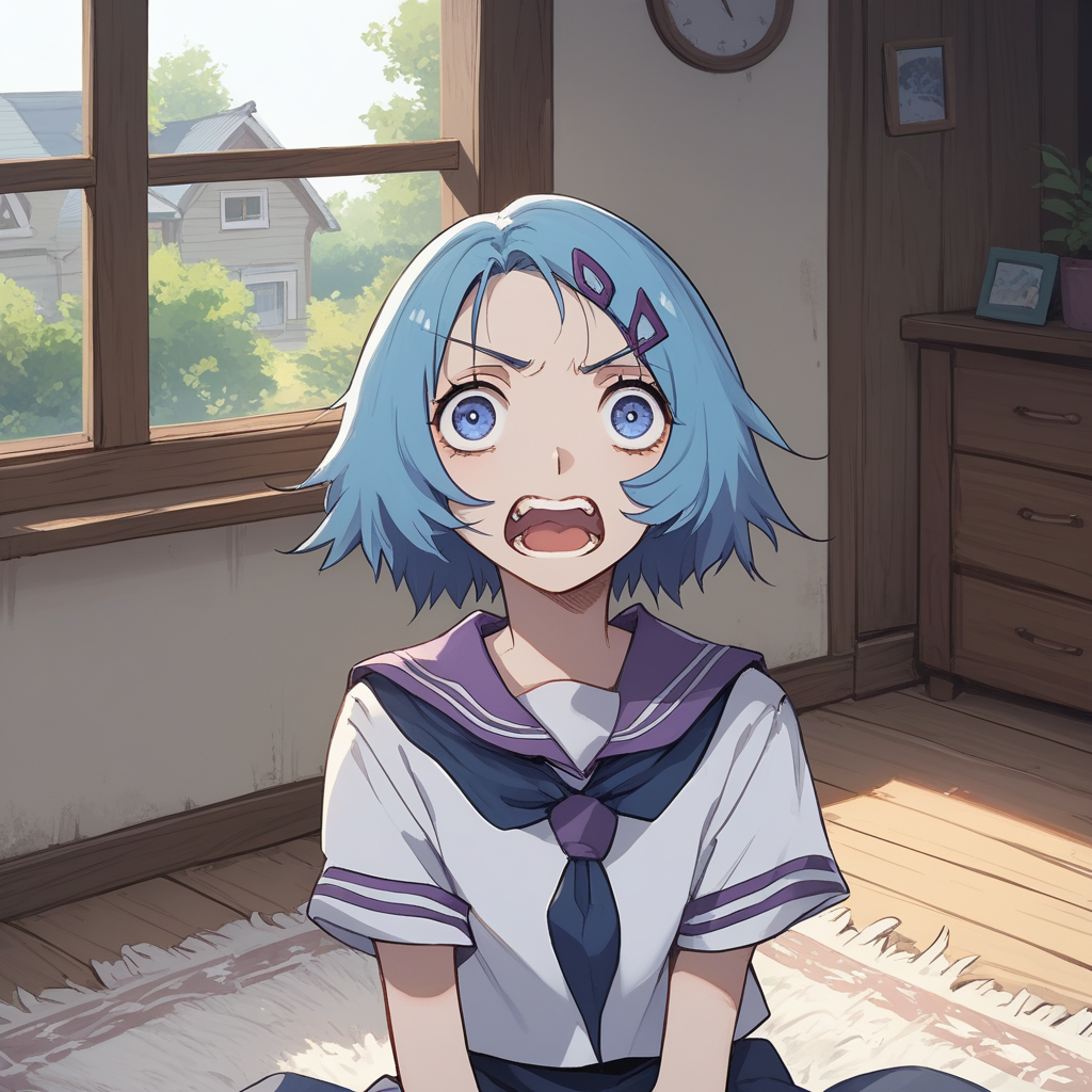 safe_pos, score_9, score_8_up, score_8, score_7_up, House, living, rug, Windows, BREAK, 1girl, 1girl, solo, sailor collar, open mouth, simple background, looking at viewer, serafuku, blue eyes, purple sailor collar, upper body, blue hair, neckerchief, hair ornament, sitting, teeth<lora:Expressive_H:1>,Expressiveh