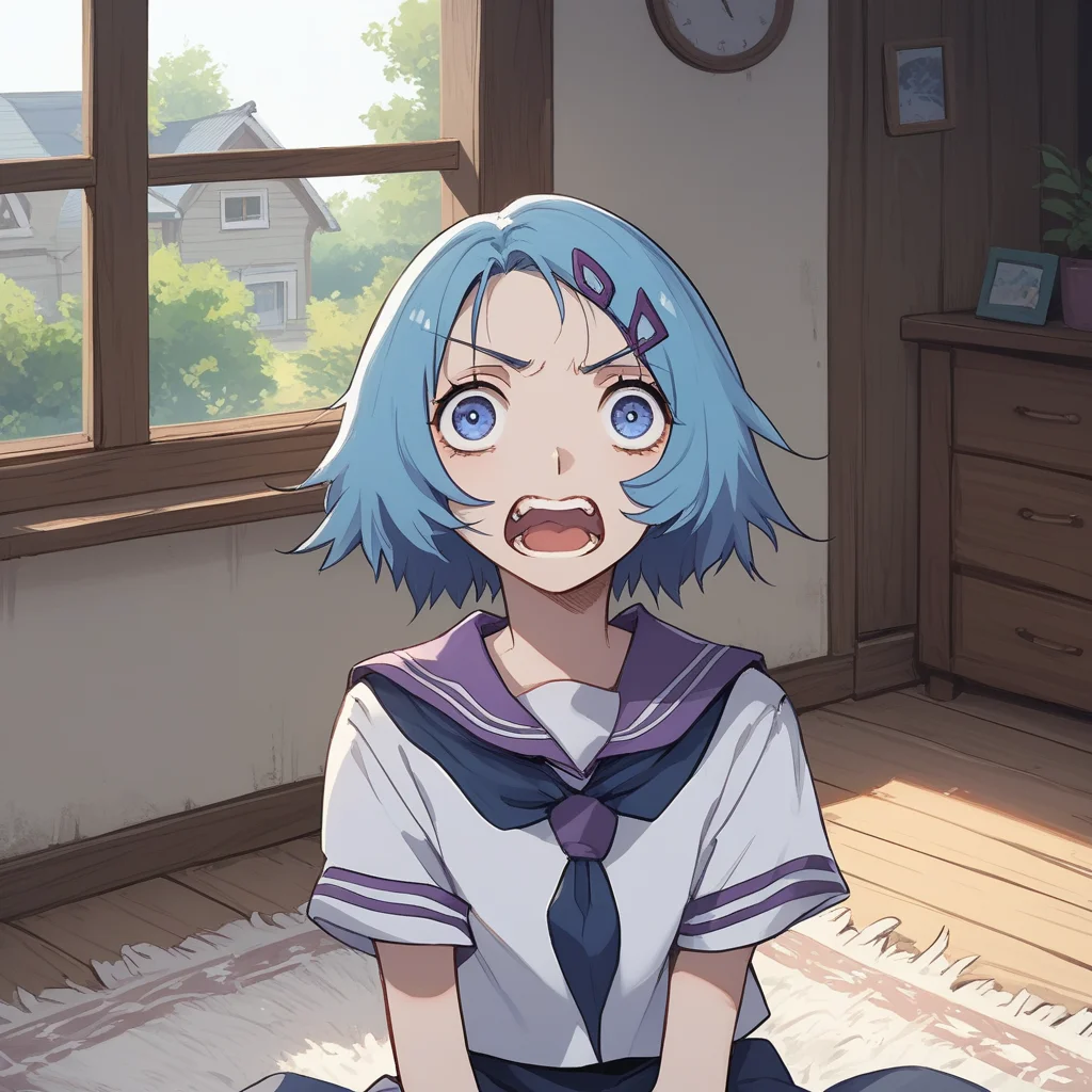 safe_pos, score_9, score_8_up, score_8, score_7_up, House, living, rug, Windows, BREAK, 1girl, 1girl, solo, sailor collar, open mouth, simple background, looking at viewer, serafuku, blue eyes, purple sailor collar, upper body, blue hair, neckerchief, hair ornament, sitting, teeth<lora:Expressive_H:1>,Expressiveh