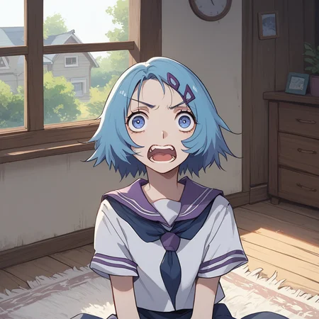 safe_pos, score_9, score_8_up, score_8, score_7_up, House, living, rug, Windows, BREAK, 1girl, 1girl, solo, sailor collar, open mouth, simple background, looking at viewer, serafuku, blue eyes, purple sailor collar, upper body, blue hair, neckerchief, hair ornament, sitting, teeth<lora:Expressive_H:1>,Expressiveh
