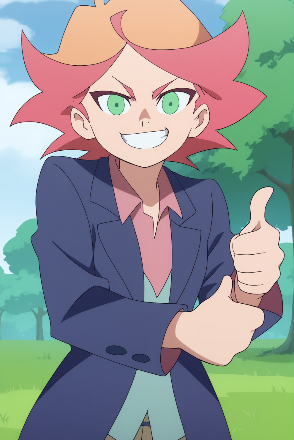 smiling, thumbs up to viewer, friendly, helpful, cheerful expression,  Amanda O'Neill, solo <lora:Little_Witch_Academia-Amanda_ONeill-PDXL:0.8>