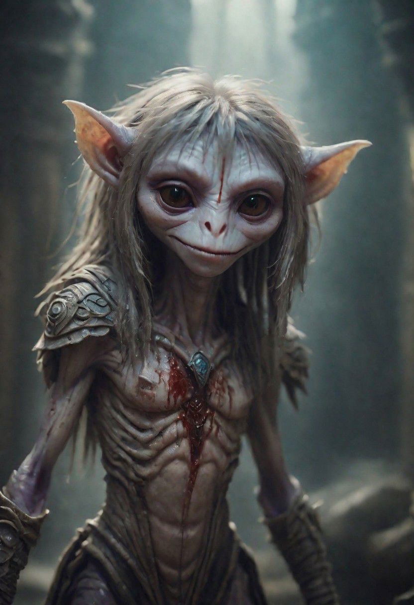 photography in the style of Labirynth and the dark crystal movies , close up of (cute) and (sweet) creature with a (small) sword stained with (blood), inside a claustrophobic ancient and ruined labirynth ,fantasy,hyper detailed, real skin imperfections, hard lighting, bokeh, ((curi:1.2))